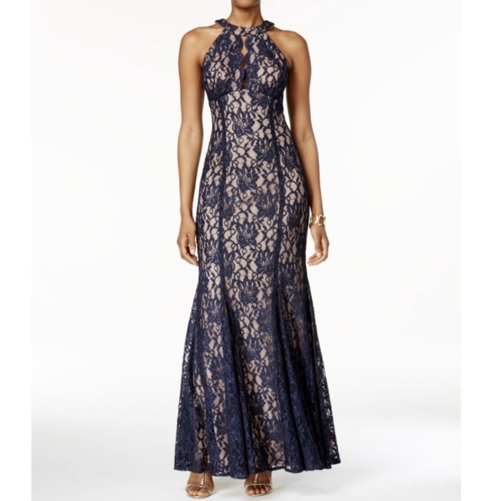 Nightway Classic Sleeveless Evening Gown W/ Sparkling Navy Blue Lace Overlay